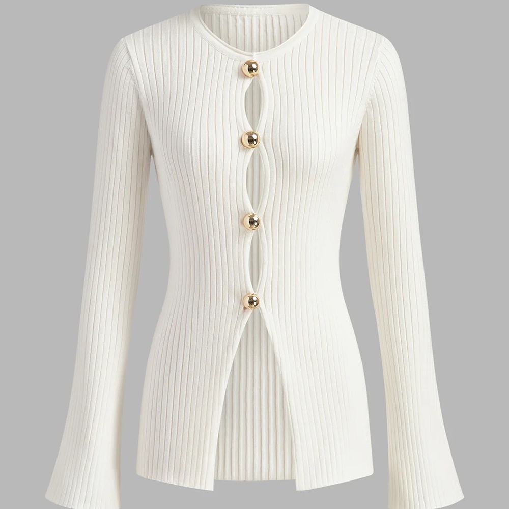 NEW Commense White Ribbed Knit Button Front Sweater - Picture 13 of 14